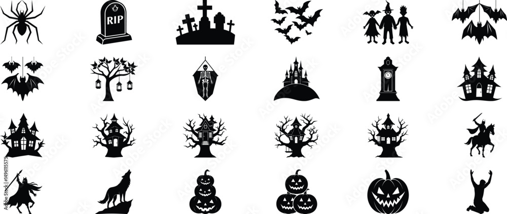Naklejka premium Halloween Vector Silhouette Bundle – Spooky Ghosts, Pumpkins, Witches, and Skull Set