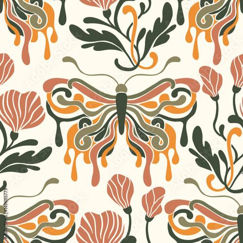 Art Nouveau Butterfly Vintage Pattern Seamless Vector Background Baroque Floral Antique Motif Boho Bohemian Ethnic Ornament