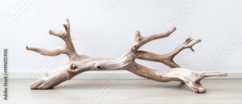 A natural driftwood sculpture with a twisted and gnarled form.