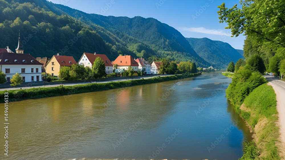 Fototapeta premium boulevards on the Dunajec River in Nowy Targ, Poland