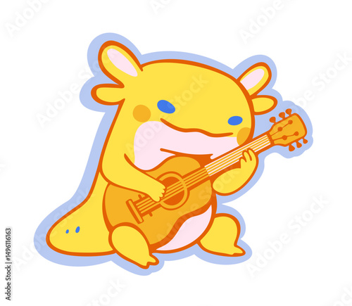 Cute axolotl playing guitar. Vector isolated sticker. Kawaii style