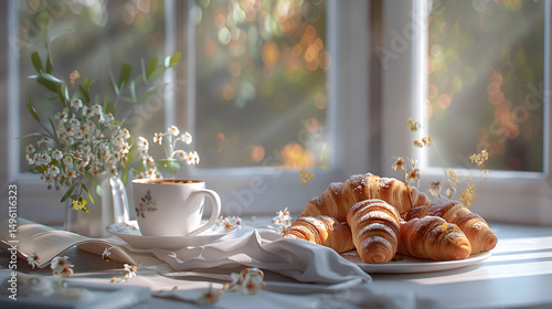 A bright morning scene featuring croissants coffee flowers and a window with a soft blurred background