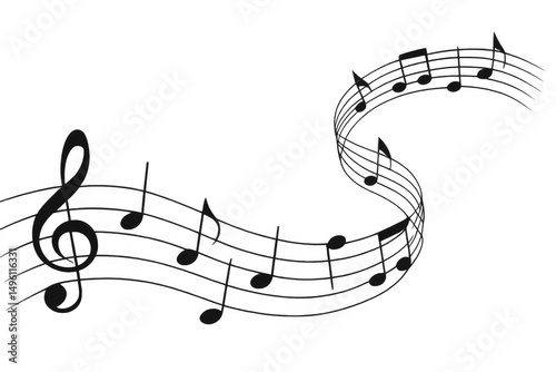 Musical score featuring curving notes and treble clef floating against transparent backdrop