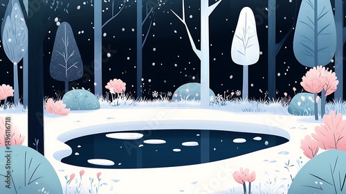Frozen Pond with Winter Forest Night.