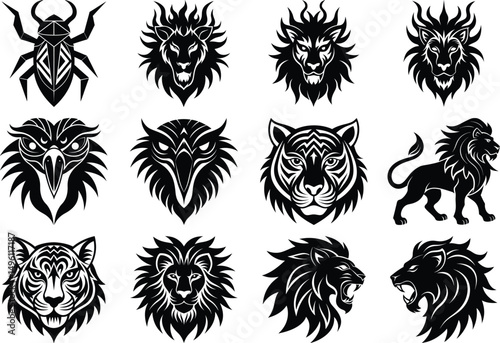 Tribal Animal Face Vector Silhouette Bundle – Lion, Wolf, Shark, and Fish Mask Design Set.