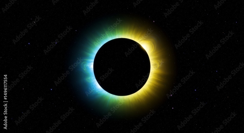 Fototapeta premium Stunning cosmic scene featuring a solar eclipse with vibrant blue and yellow aura, surrounded by a starry night sky
