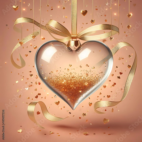 Valentines day background. Transparent glass heart hanging on golden ribbon, falling gold glitter confetti. Realistic 3d design decorations. Holiday ornament glass heart. vector illustration