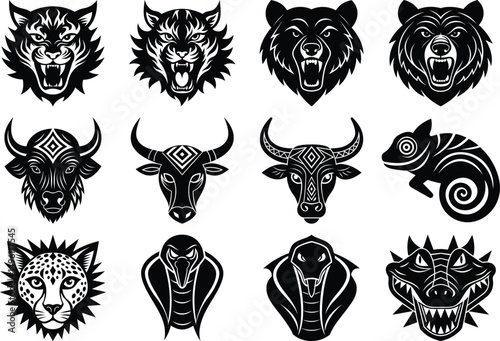 Tribal Animal Face Vector Silhouette Bundle – Lion, Wolf, Shark, and Fish Mask Design Set