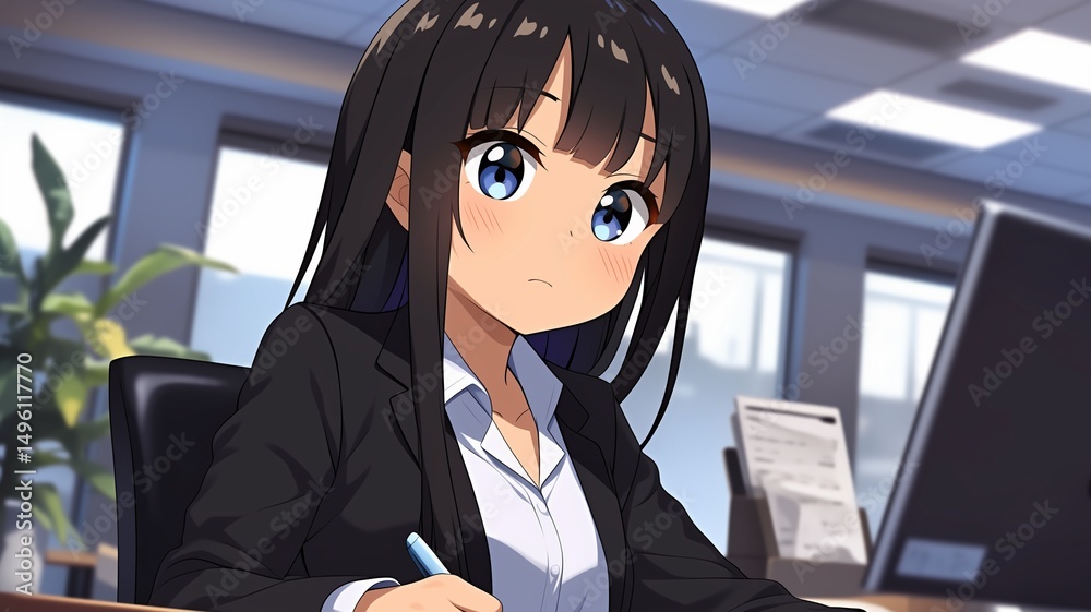 © てんぷら - オフィスで仕事をするアニメ調の日本人美少女