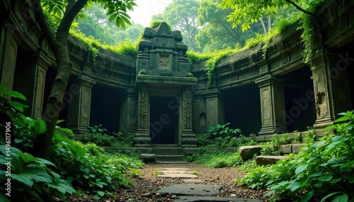 Overgrown stone temple, crumbling walls, jungle foliage, artifacts, stone