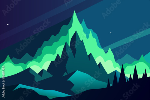 aurora borealis over fantasy mountains UHD vector illustration background