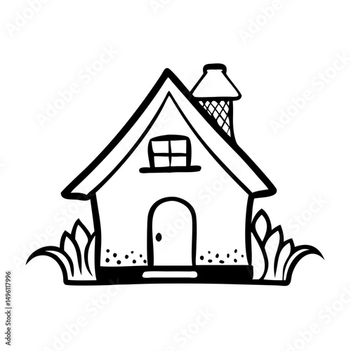 Simple hand-drawn house illustration with chimney and greenery  