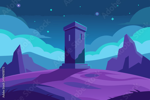 ancient stone tower in dream landscape UHD vector illustration background