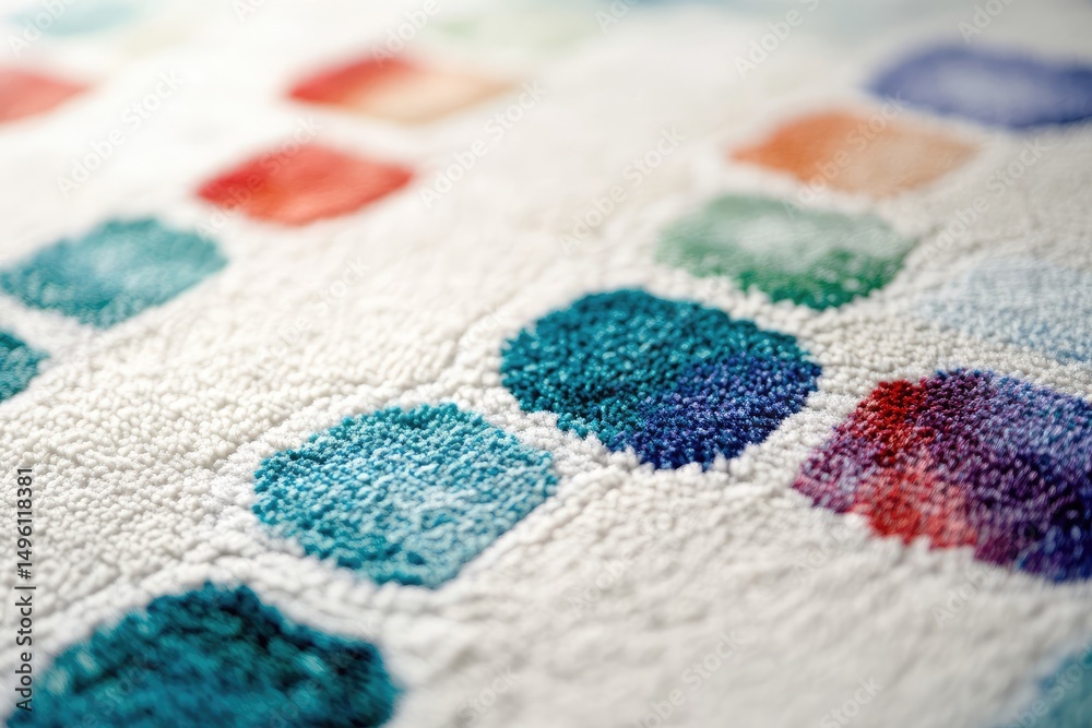 Fototapeta premium Close-up of a textured rug with colorful hexagonal patterns in teal, purple, red, and orange on a white background.