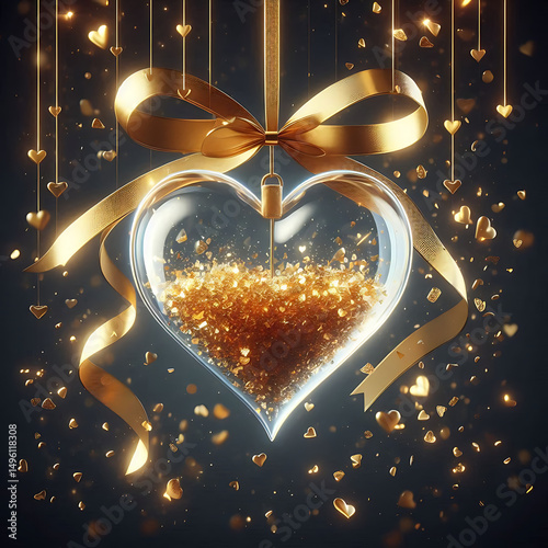 Valentines day background. Transparent glass heart hanging on golden ribbon, falling gold glitter confetti. Realistic 3d design decorations. Holiday ornament glass heart. vector illustration