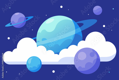 dreamy clouds and glowing planets UHD vector illustration background