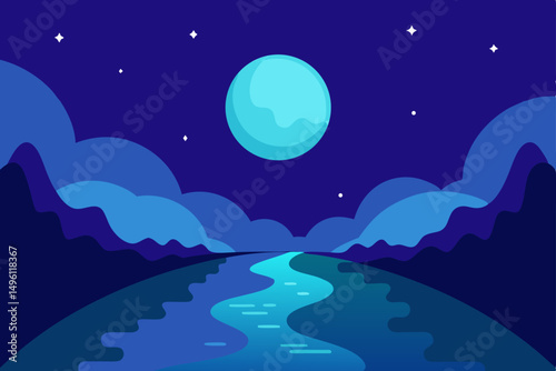 ethereal moonlight over river dreamscape vector illustration background