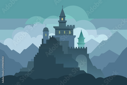 enchanted fortress in misty mountains vector illustration background