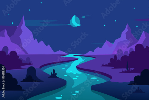 glowing river at night in dream world UHD vector illustration background