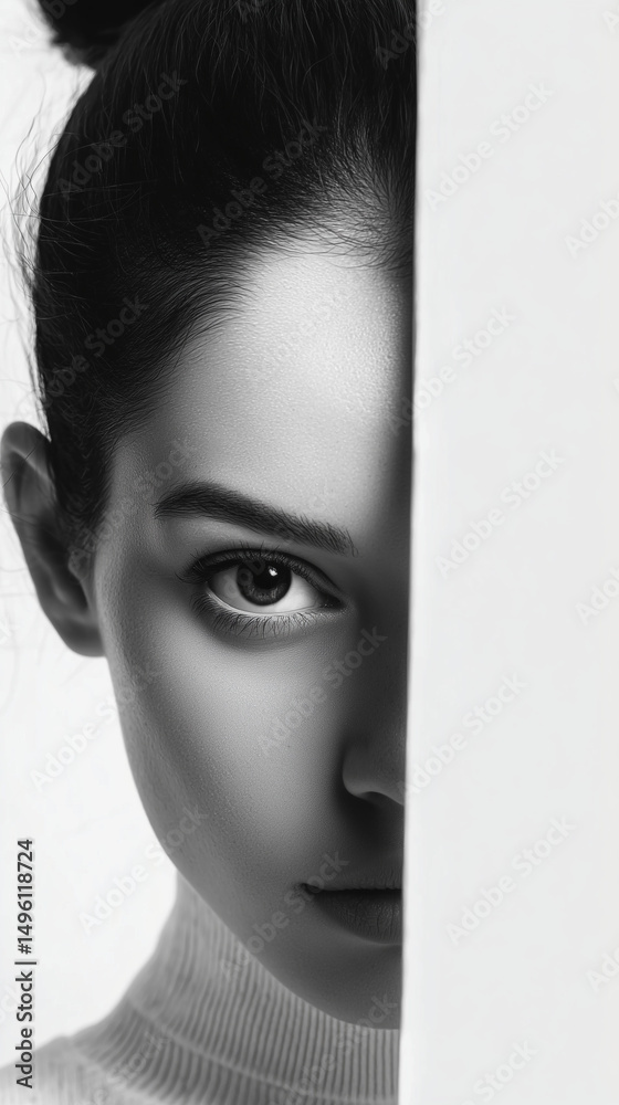 Fototapeta premium Mysterious woman hiding behind white wall looking at camera