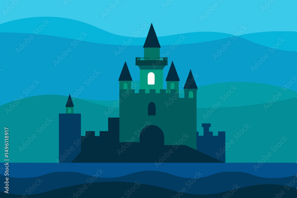 Naklejka premium submerged castle in ocean realm UHD vector illustration background