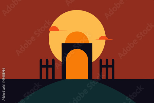 sunrise beyond the forgotten gate vector illustration background