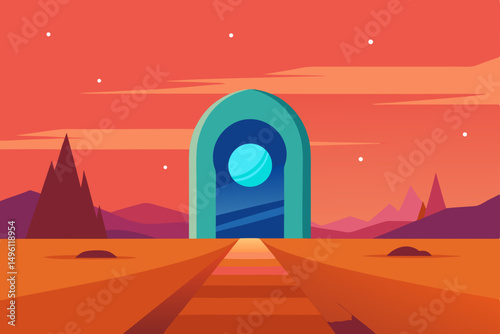 surreal AI dream portal in desert landscape vector illustration background