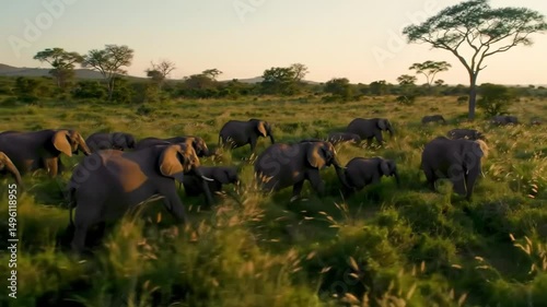 Elephants Roaming Freely In African Savannah At Golden Hour