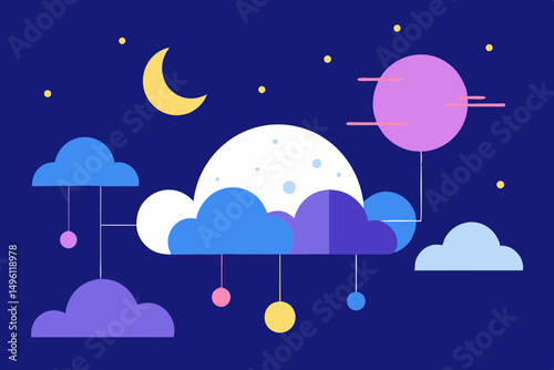 AI dreamscape with clouds moons lights vector illustration background