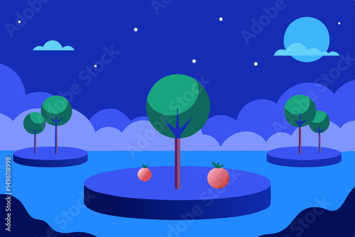 blue hour in the floating orchard vector illustration background
