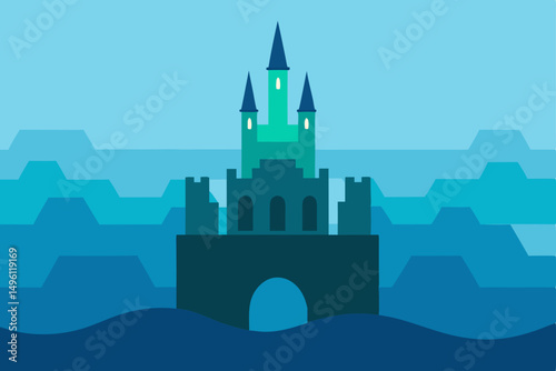 submerged castle in ocean realm UHD vector illustration background
