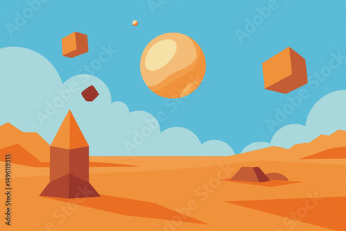 floating shapes in mystic desert vector illustration background