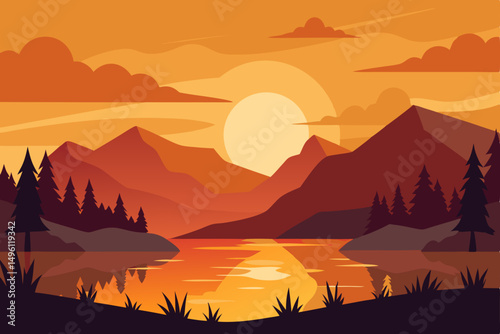 golden dusk over the whispered lake vector illustration background