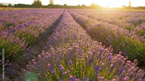 Lavender Field Blooming At Sunset, Capturing Peaceful Scenery Background