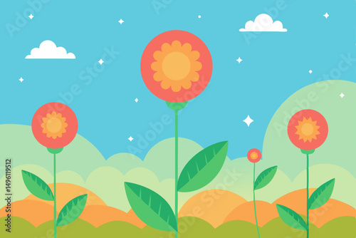 floating flowers in sunny fantasy field vector illustration background