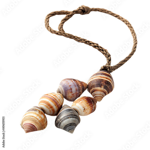 Trendy Rustic Shell Necklace with Layered Driftwood Isolated on Transparent Background