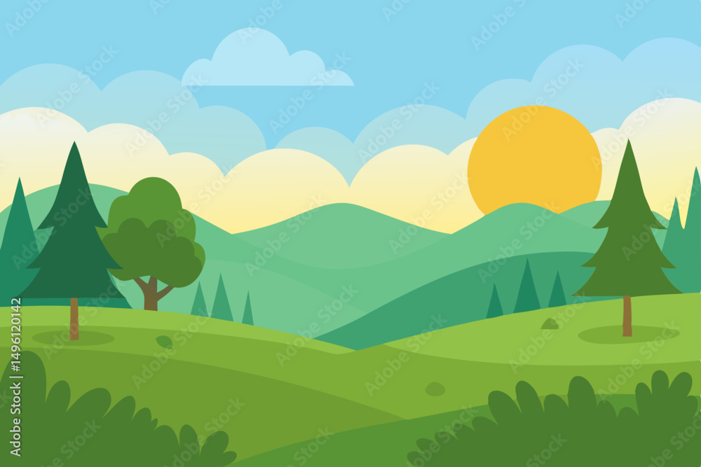 Fototapeta premium peaceful dream meadow in morning light vector illustration background