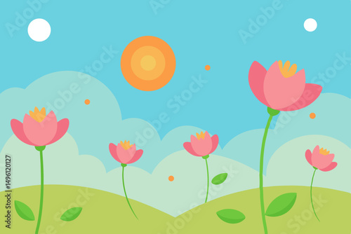 floating flowers in sunny fantasy field vector illustration background