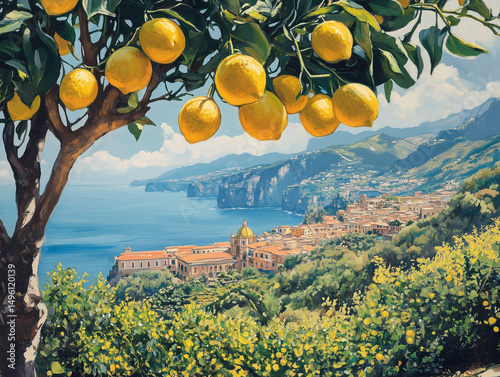Sorrento cityscape with lemon tree overlooking Mediterranean sea