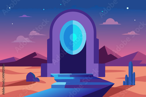 surreal AI dream portal in desert landscape vector illustration background