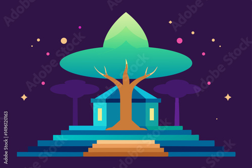 sanctuary of the shimmering tree vector illustration background