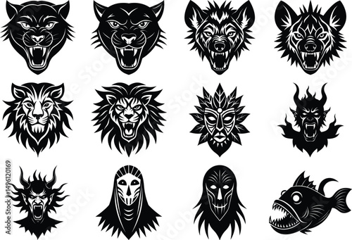 Dark animal face Mask Silhouette Vector Bundle – Fierce Human Face Set for Tattoos Designs