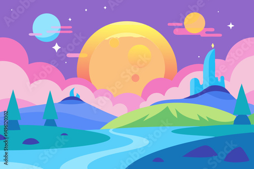 dreamlike morning in magic land vector illustration background