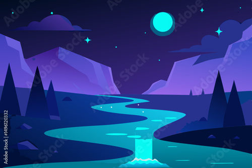 glowing river at night in dream world UHD vector illustration background