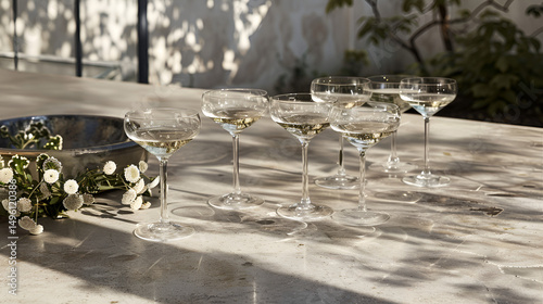 Arrangement of coupe glasses filled with champagne on a marble table with floral decoration