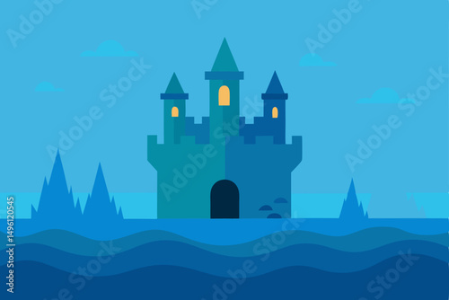 submerged castle in ocean realm UHD vector illustration background