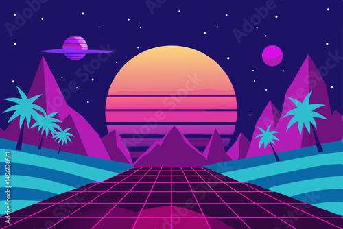 vaporwave inspired fantasy dreamscape vector illustration background