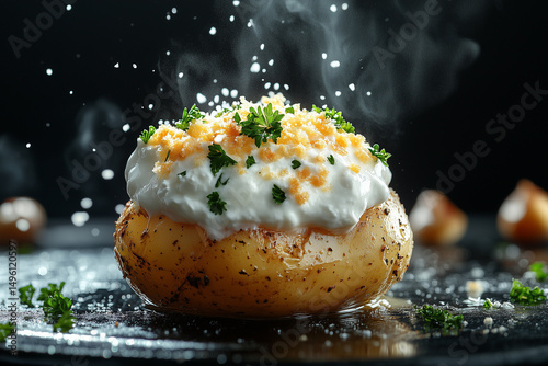 Hot baked potato steaming with sour cream, breadcrumbs and parsley