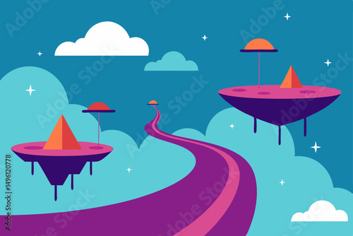 bizarre floating roads in sky fantasy vector illustration background