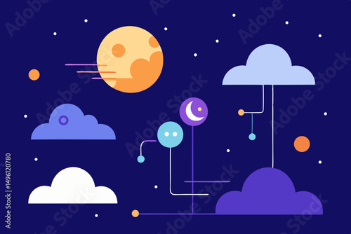 AI dreamscape with clouds moons lights vector illustration background